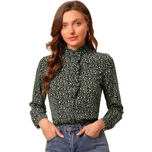 Allegra K Women's Floral Button Up Ruffle Stand Collar Long Sleeve Shirt - 1 of 4