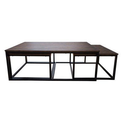 Arcadia Antiqued Mocha 54" Square Wood & Metal Nesting Coffee Table