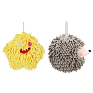REGALWOVEN Fuzzy Cute Cartoon Decorative Hand Drying Hanging Ball Hand Towels 7" x 7" 2 Pcs - 1 of 4