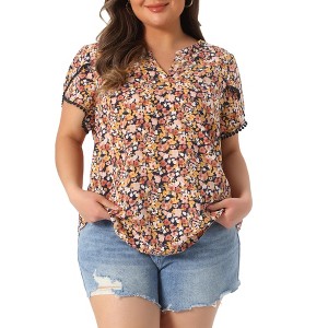 Women's Plus Size Floral Print V Neck Petal Sleeve Casual Basic
