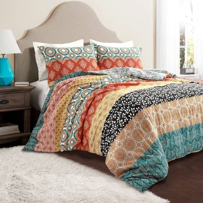 Full/Queen 3pc Bohemian Stripe Duvet Set Turquoise/Orange - Lush Décor