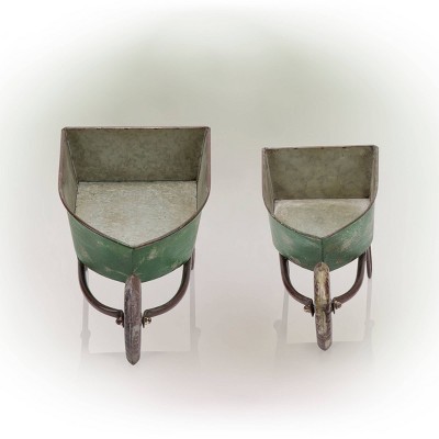 Set of 2 Green Rustic Iron Wheelbarrow Planters