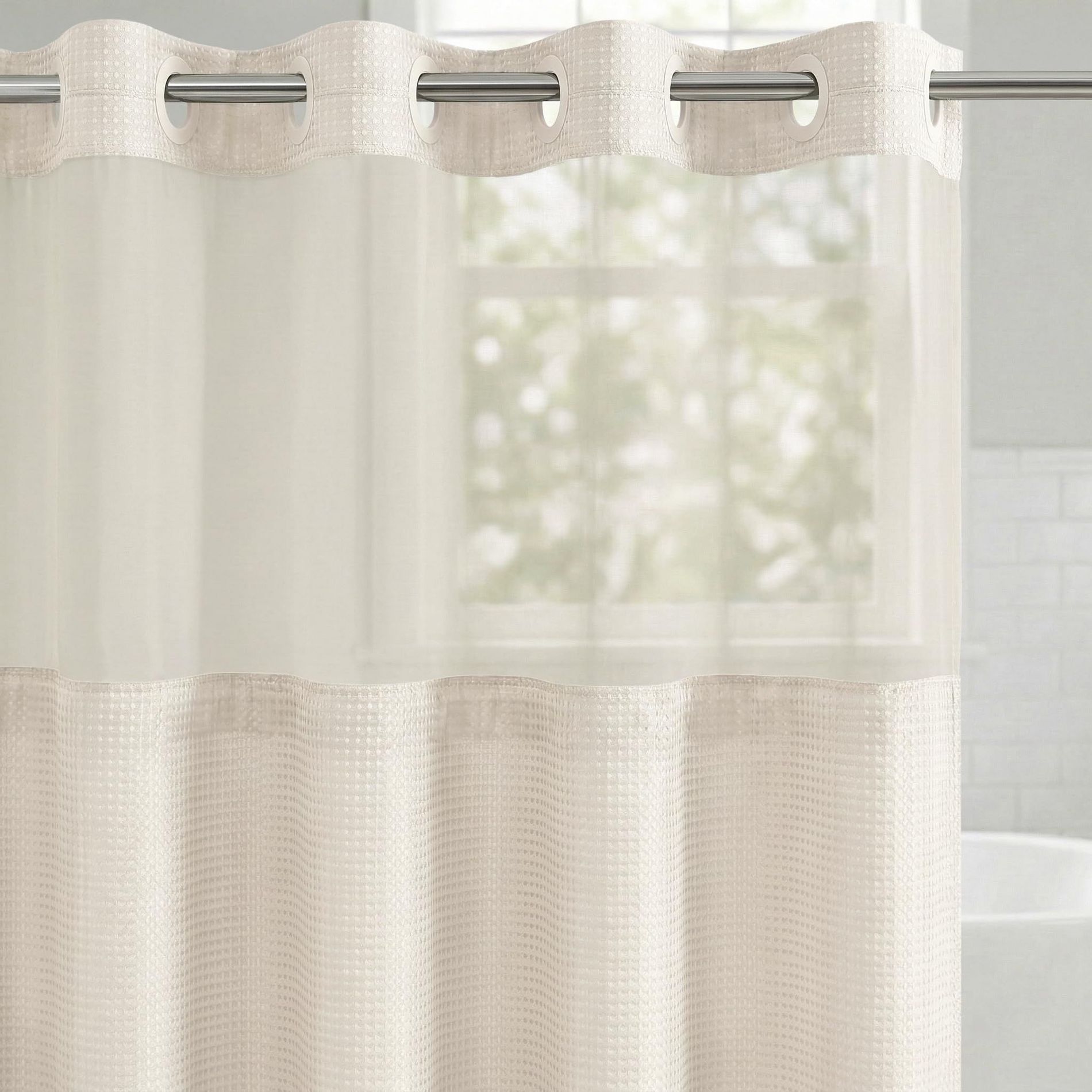 Americanflat 72x75 Hookless Waffle Pattern Shower Curtain - Water-Resistant Long Shower Curtain with Sheer Panel, Snap-In Liner, and Durable Grommets