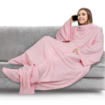 PAVILIA Wearable Blanket with Sleeves and Foot Pockets, Fleece Warm Snuggle Pocket Sleeved Throw for Women Men Adults