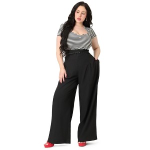 Unique Vintage Women's Plus Wide Leg Pleated Pants Black - 1 of 4