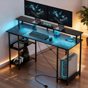 55.1" Gaming Computer Desk with RGB Lights, Power Outlets, Dual Monitor Stand & Storage Shelves for Home Office or Bedroom -3irtyhousy - 1 of 4