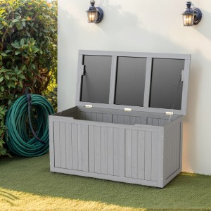 Lyngins 67 Gallon Wooden Deck Box, Weather-Resistant Outdoor Storage Box, Dual-Purpose Seat/Table, Hinged Lid with Thumb Groove, Natural Wood Finish - 1 of 4