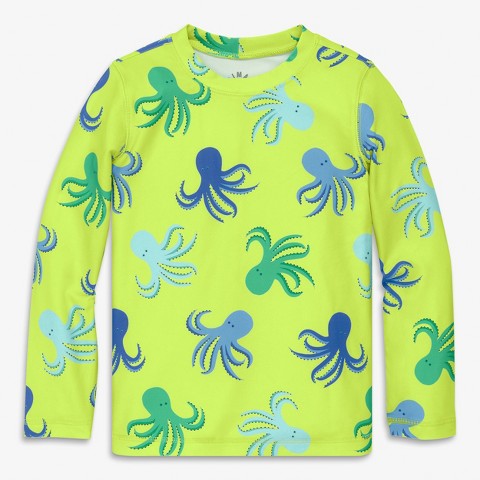 Primary Kids Long Sleeve Rash Guard In Octopus Pals In Lime Octopus Size 4