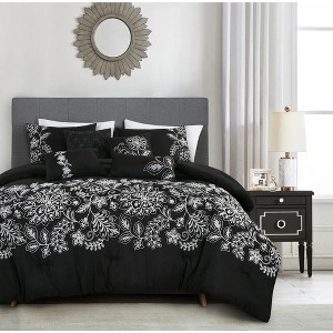Home Mart Goods 7 Piece Black & White Floral Comforter Set Embroidery Soft Bedding - 1 of 4