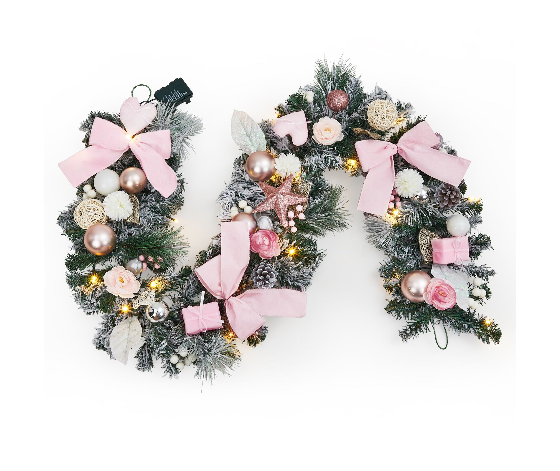 6 ft Pre-Lit Christmas Garland with Lights, Pink Ribbon Bows, Ball Ornaments, Pine Cones, Roses