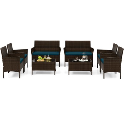 Tangkula Set of 8 Furniture Set w/ Washable Cushions & Tempered Glass Coffee Table