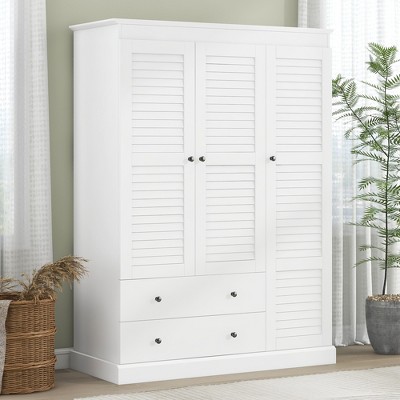 TIRAMISUBEST Farmhouse Wardrobe - 3-Door Solid Wood, Locking Wheels, 2 Drawers (47"W x 66"H)