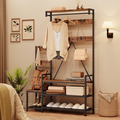 Solid Wood Coat Rack,Hall Tree With Bench and Shoe Storage Parent-Child Coat Rack Shoe Bench
