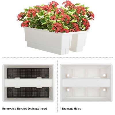 White Plastic Rectangular Railing Planter Box with Drainage Insert