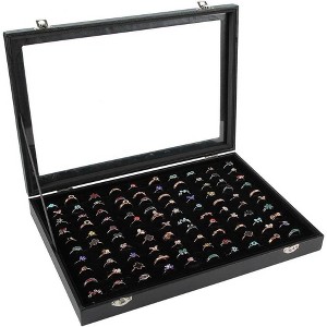 100-Slot Ring Display Case with Transparent Lid, Professional Jewelry Showcase Box for Rings and Stud Earrings, Black - 1 of 4