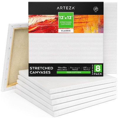 Arteza Stretched Canvas, Classic, White, 12"x12", Blank Canvas Boards for Painting - 8 Pack (ARTZ-8026)