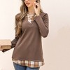 Clearlove Women's Long Sleeve V Neck Contrast Collar Shirt A-line Pleated Office Tunic - 2 of 4
