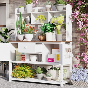 Outdoor Potting Bench with Hutch, Wood Garden Workstation, Plotting Bench with Drawer and Adjustable Shelves and Cabinets-Coolbibila - 1 of 4