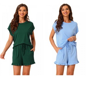 INSPIRE CHIC Women's 2 Pcs Summer Soft Short-Sleeve Tee with Ruffled Shorts Lounge Pajama Set - 1 of 4