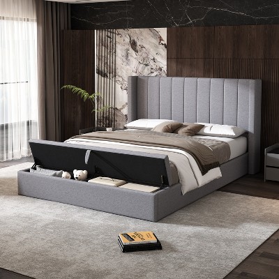 Queen Size Platform Bed with Headboard, Upholstered Platform Bed with Storage Box, Grey-Christopher Knight Home