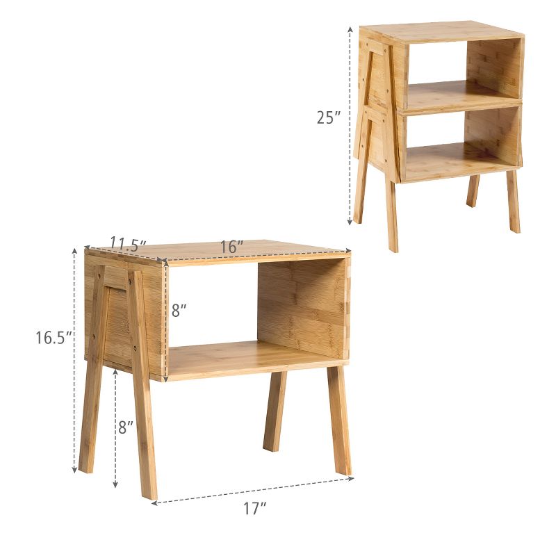 Costway Set of 2 Bamboo Nightstand Stackable Sofa Table Bedside Table with Storage Shelf, 3 of 11