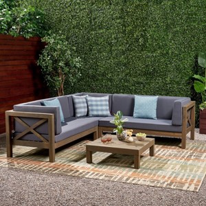 Brava 4pc Wood Patio Chat Set w/ Cushions - Dark Gray - Christopher Knight Home - 1 of 4