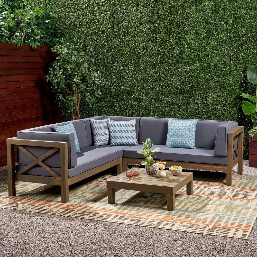 Brava 4pc Wood Patio Chat Set w/ Cushions - Dark Gray - Christopher Knight Home