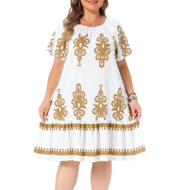 Women's Plus Size Boho Printed Pattern Square Neck Short Sleeve Flowy Summer Casual A Line Midi Dresses