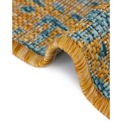 Yellow and Aqua Square Medallion Outdoor Rug