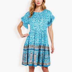 Anna-Kaci Women's Bohemian Floral Print Short Sleeve Swing Fashion Dress With Crew Neckline - 1 of 4