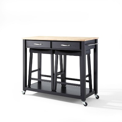 Natural Wood Top Black Kitchen Cart with Wine Rack and Stools