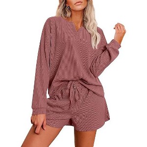 Ekouaer Pajama Set for Women Waffle Knit Lounge Sets Long Sleeve Top and Shorts Sleepwear Matching Loungewear - 1 of 4