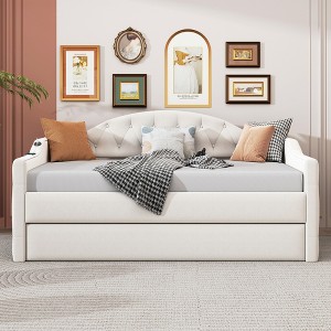 Twin Size Tufted Upholstered Daybed with Trundle, Velvet Sofabed with USB and Type-C Charging Ports, Beige/Gray/Pink-ModernLuxe - 1 of 4