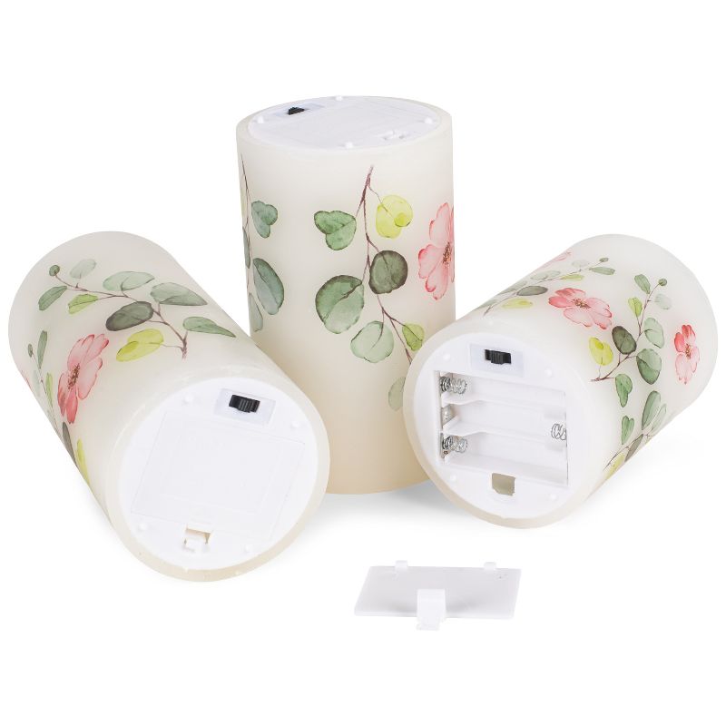 Elanze Designs Floral Pink and Green 6 inch Wax LED Flameless Pillar Candles Set of 3, 4 of 6