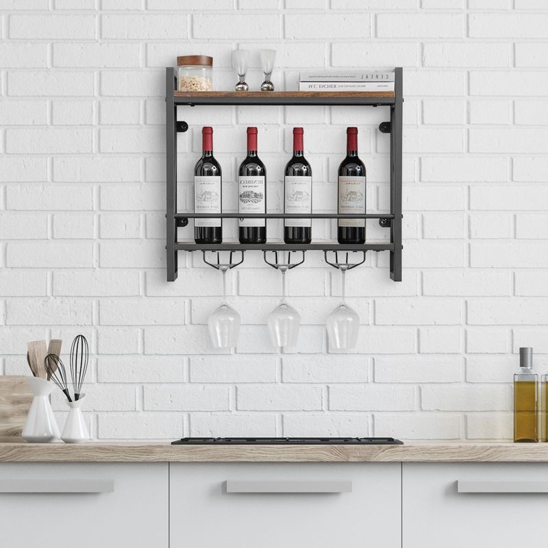 Costway Wall Mounted Wine Rack Industrial 2-Tier Wood Shelf with 3 Stem Glass Holders, 3 of 8