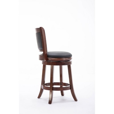 Cherry Wood Swivel Counter Stool with Black Leather Upholstery