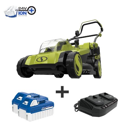Sun Joe 24V-X2-17LM 48-Volt iON+ Cordless Lawn Mower Kit | 17-inch | 6-Position | W/ 2 x 4.0-Ah Batteries, Dual Port Charger, and Collection Bag.