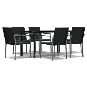 vidaXL Patio Dining Set Table and Chair with Cushions Poly Rattan and Steel - Black 63" Table Length 6-Piece - 1 of 4