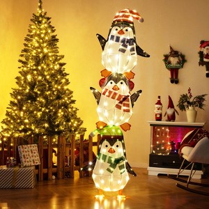 Costway Lighted Penguins Decoration Set of 3 with 156 Warm White Lights Cute Hats & Scarves - 1 of 4