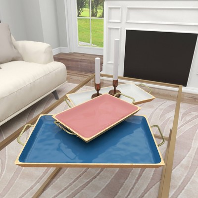 Multi Colored Enamel and Mango Wood Rectangular Tray Set