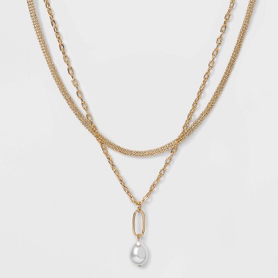 17" Multi-Strand Hanging Pearl and Chain Necklace - A New Day™ Gold
