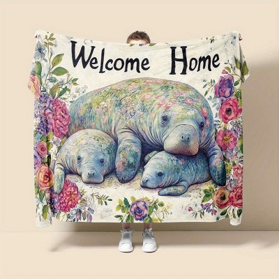 Vintage Manatee Floral Print Soft Flannel Throw Blanket - Welcome Home Design, Cozy Polyester All-Season Blanket for Home Decor