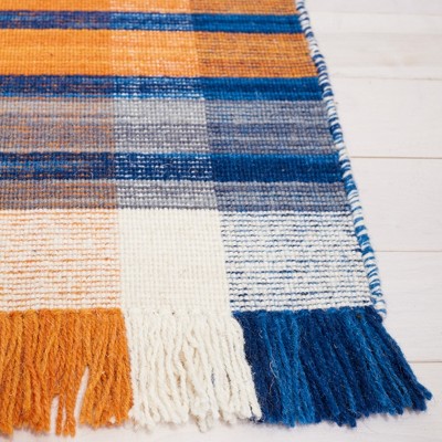 Blue and Orange Striped Wool Square Area Rug