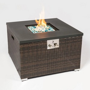 Outdoor Gas Fire Pit Square Dark Brown Wicker Fire Pit Table Propane Fire Table with Glass Rocks - 1 of 4