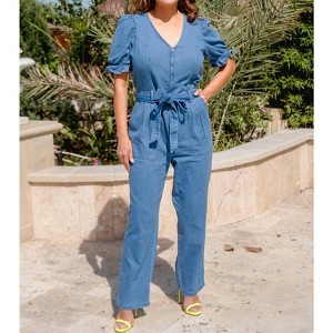 Women's Short Sleeve Denim Jumpsuit - SKIES ARE BLUE - 1 of 4