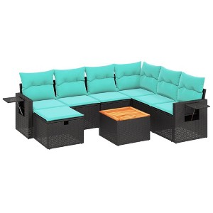vidaXL 8 Piece Patio Sofa Set with Cushions Black Poly Rattan - Black and Blue 3x Middle + 3x Corner + Footrest + Table - 1 of 4