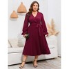 Garvee Women Wrap V Neck Pleated Hem Dress Ruffle Long Sleeves Elegant A Line Midi Dress with Belt - 2 of 4