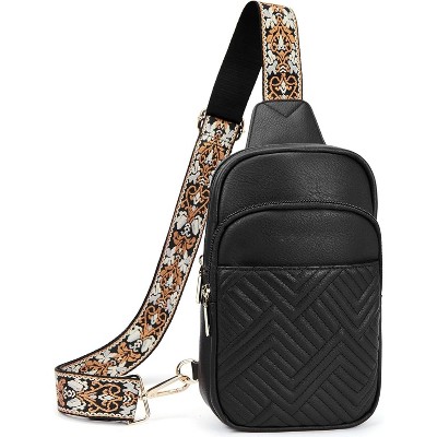 Sling Bag Quilted Crossbody Bags for Women Cross Body Purse Leather Fanny Pack with Adjustable Guitar Strap