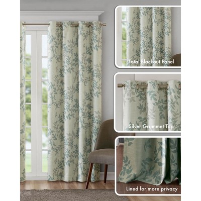 Printed Botanical Pattern Blackout Window Panel, Textured Poly Slub Fabric Panel for Luxurious Decor Style