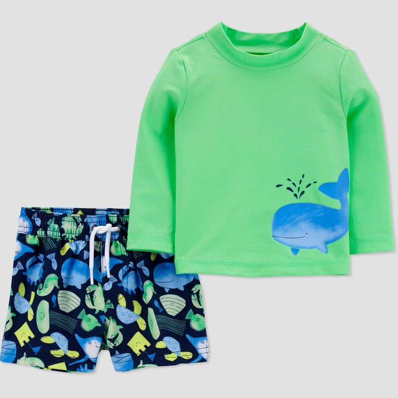 Carter's Just One You® Baby Boys' Long Sleeve Sealife Rash Guard Set - Green/Blue, 1 of 7